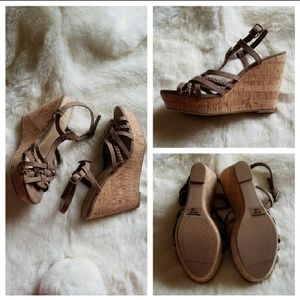 NWOT Strappy Tan Wedge Heels